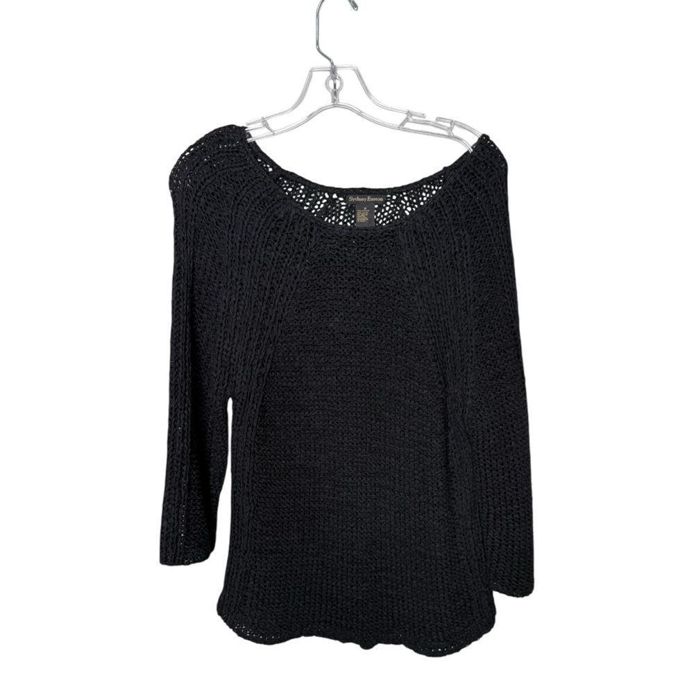 Sydney Easton Black Open Knit Crochet Sweater Size M Medium 3/4 Sleeve